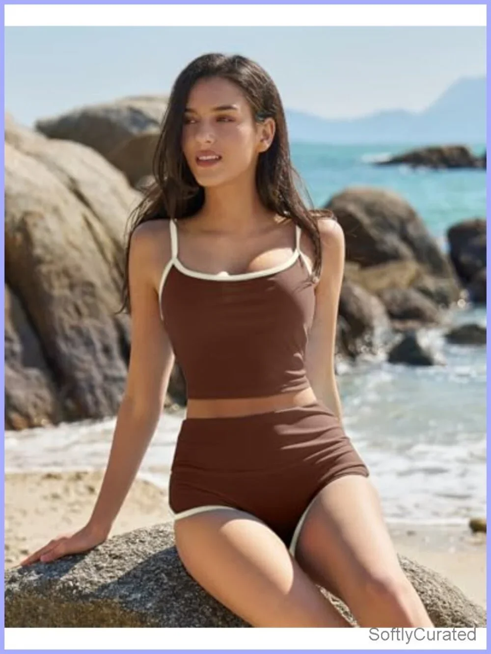 Two Piece Swimsuit Spaghetti Strap Crop Top High Waisted Boyshort Bikini Set